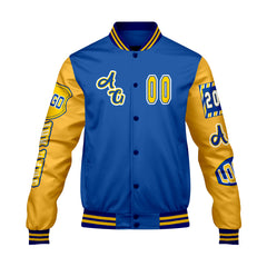 Maßgeschneiderte Blau Gelb Letterman Varsity Jacket Individuelle Stickerei  Druck nach Ihrem Wunsch