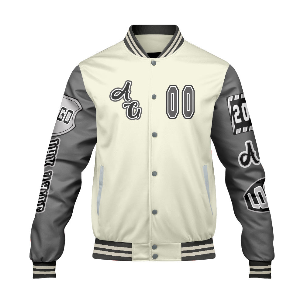 Maßgeschneiderte Weiß Grau Letterman Varsity Jacket Individuelle Stickerei  Druck nach Ihrem Wunsch