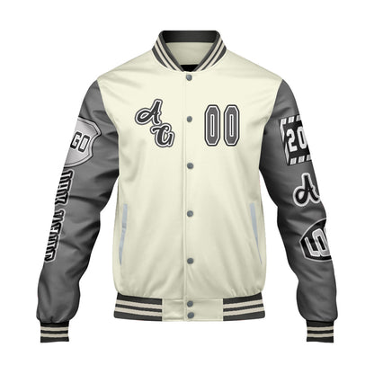 Maßgeschneiderte Weiß Grau Letterman Varsity Jacket Individuelle Stickerei  Druck nach Ihrem Wunsch