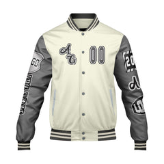 Maßgeschneiderte Weiß Grau Letterman Varsity Jacket Individuelle Stickerei  Druck nach Ihrem Wunsch