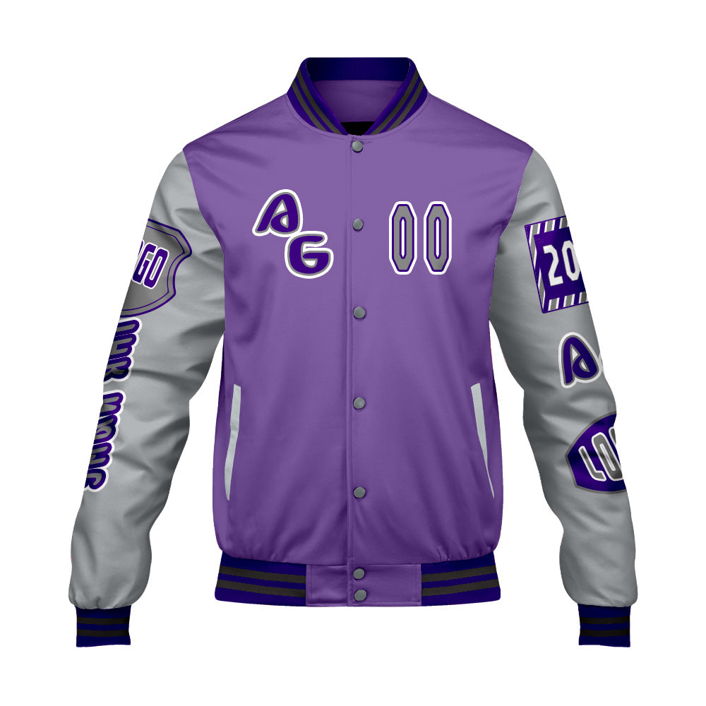 Maßgeschneiderte Lila Grau Letterman Varsity Jacket Individuelle Stickerei  Druck nach Ihrem Wunsch