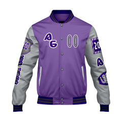 Maßgeschneiderte Lila Grau Letterman Varsity Jacket Individuelle Stickerei  Druck nach Ihrem Wunsch