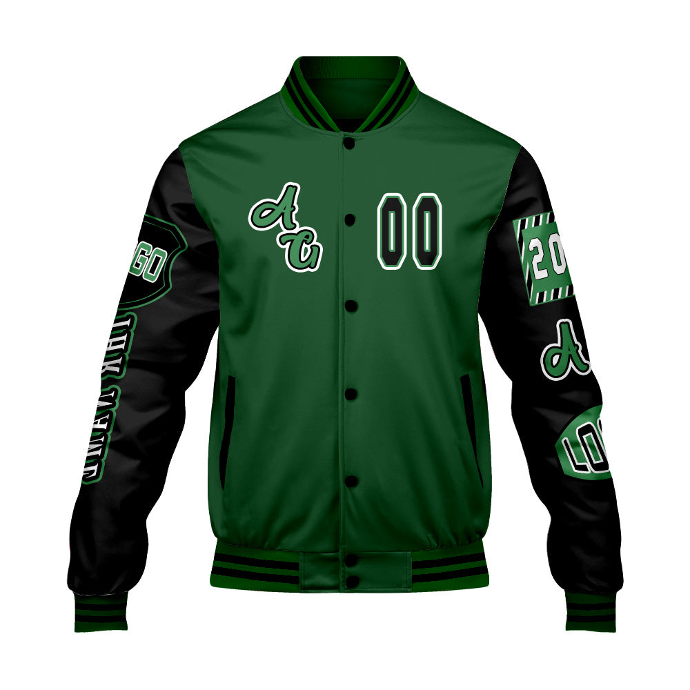 Maßgeschneiderte Grün Schwarz Letterman Varsity Jacket Individuelle Stickerei  Druck nach Ihrem Wunsch