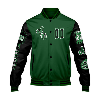 Maßgeschneiderte Grün Schwarz Letterman Varsity Jacket Individuelle Stickerei  Druck nach Ihrem Wunsch