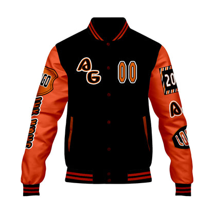 Maßgeschneiderte Schwarz Orange Letterman Varsity Jacket Individuelle Stickerei  Druck nach Ihrem Wunsch