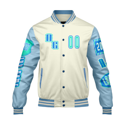 Maßgeschneiderte Blau Grün Letterman Varsity Jacket Individuelle Stickerei  Druck nach Ihrem Wunsch