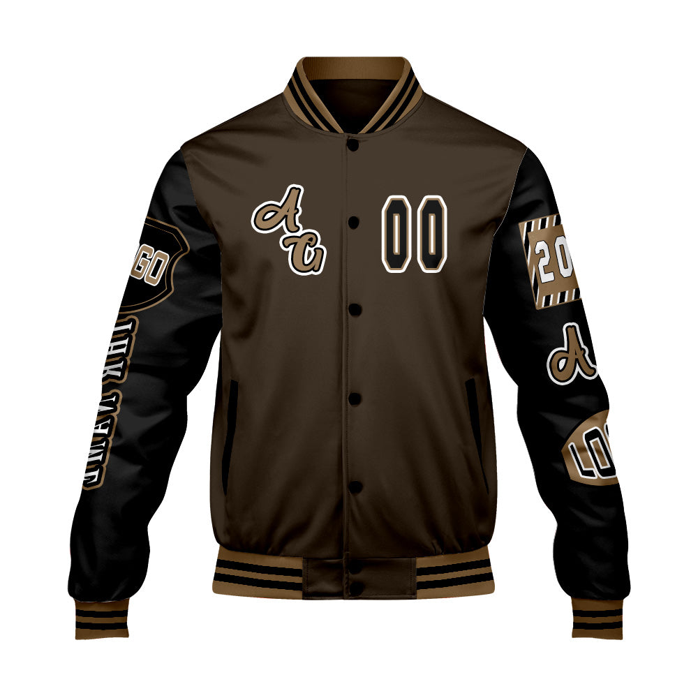 Maßgeschneiderte Braun Schwarz Letterman Varsity Jacket Individuelle Stickerei  Druck nach Ihrem Wunsch