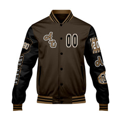 Maßgeschneiderte Braun Schwarz Letterman Varsity Jacket Individuelle Stickerei  Druck nach Ihrem Wunsch