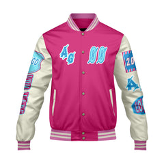 Maßgeschneiderte Rosa Blau Letterman Varsity Jacket Individuelle Stickerei  Druck nach Ihrem Wunsch