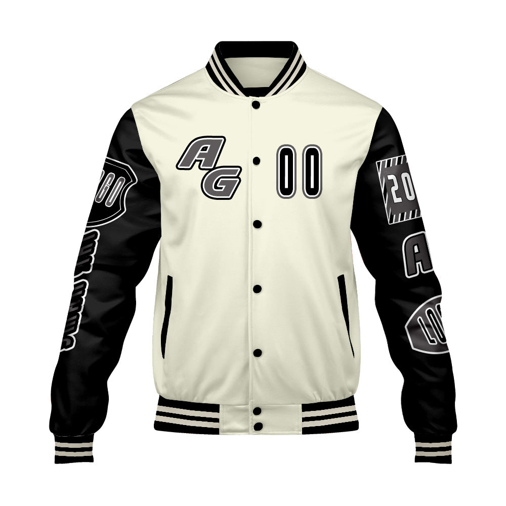 Maßgeschneiderte Schwarz Weiß Letterman Varsity Jacket Individuelle Stickerei  Druck nach Ihrem Wunsch