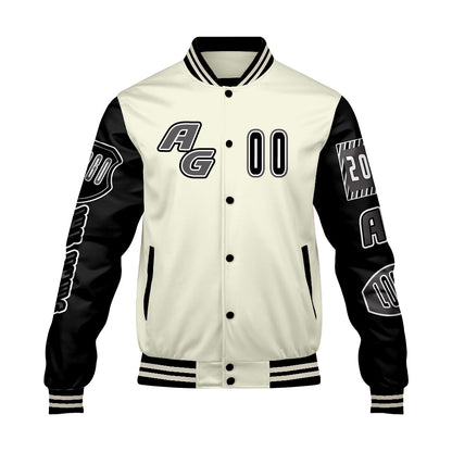 Maßgeschneiderte Schwarz Weiß Letterman Varsity Jacket Individuelle Stickerei  Druck nach Ihrem Wunsch