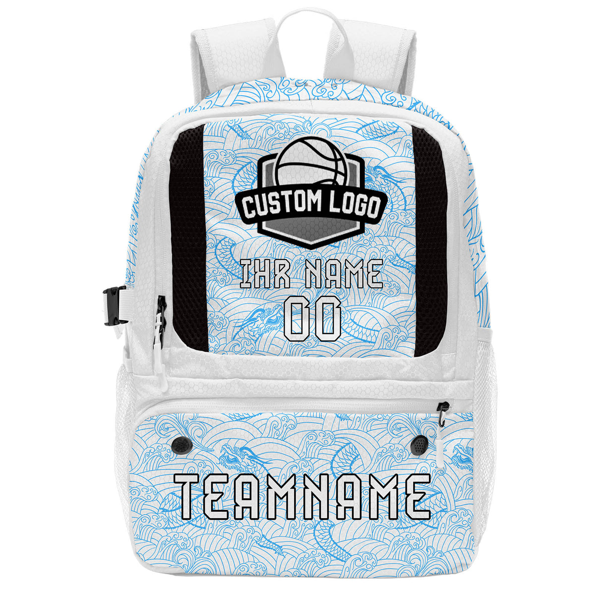 Personalisierter weißer und blauer Basketball - und Fußballrucksack mit Spielernamen & Nummern und Teamlogo #BP-0919-0038