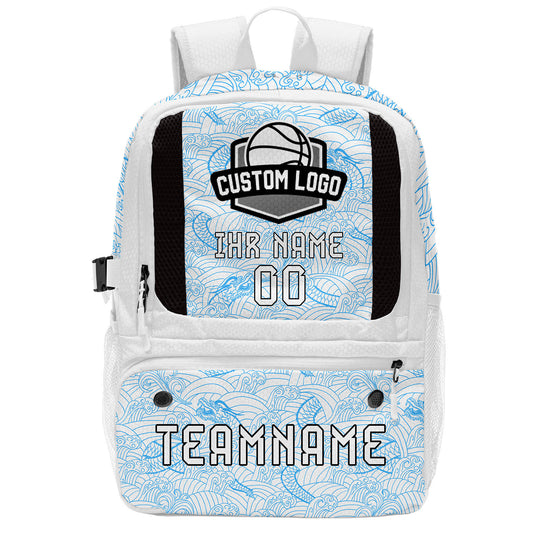 Personalisierter weißer und blauer Basketball - und Fußballrucksack mit Spielernamen & Nummern und Teamlogo #BP-0919-0038