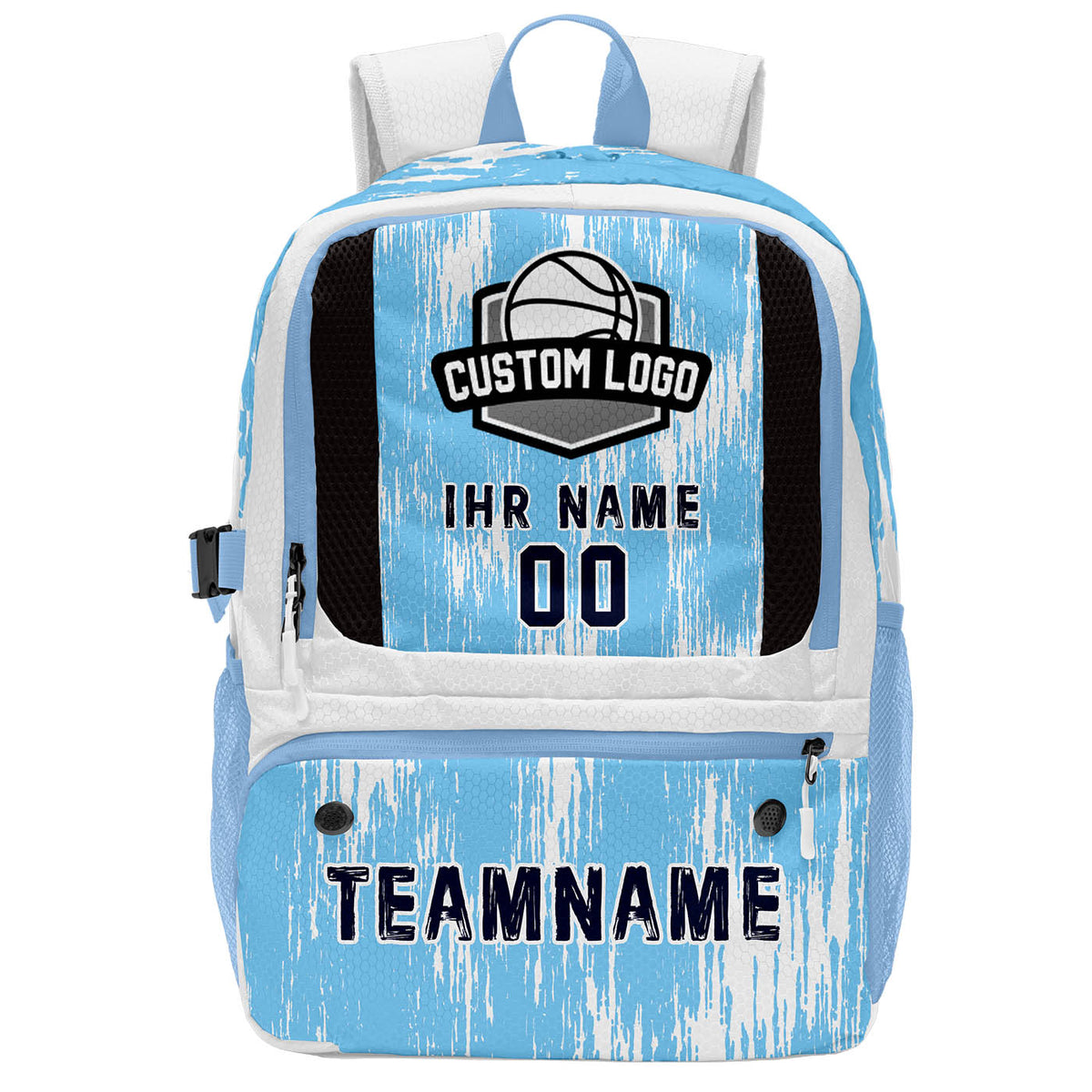 Personalisierter Basketball - und Fußballrucksack in Hellblau & Weiß und Dunkelblau mit Spielernamen & Nummern und Teamlogo #BP-0919-0021