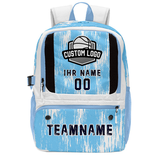 Personalisierter Basketball - und Fußballrucksack in Hellblau & Weiß und Dunkelblau mit Spielernamen & Nummern und Teamlogo #BP-0919-0021