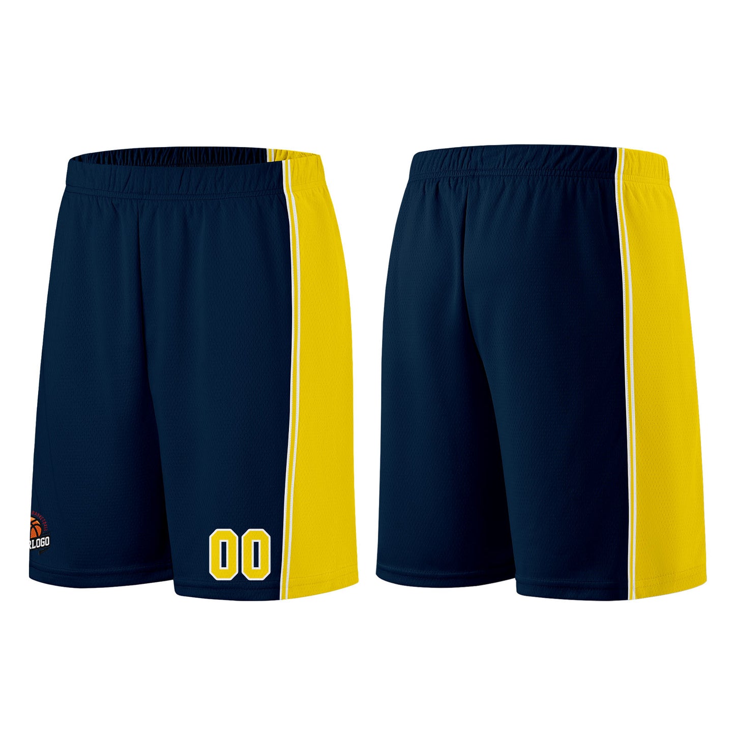 Individuelle Dunkelblau-Gelb Basketball Jersey Shorts für Männer und Frauen Gestickter und gedruckter Name, Nummer und Logo