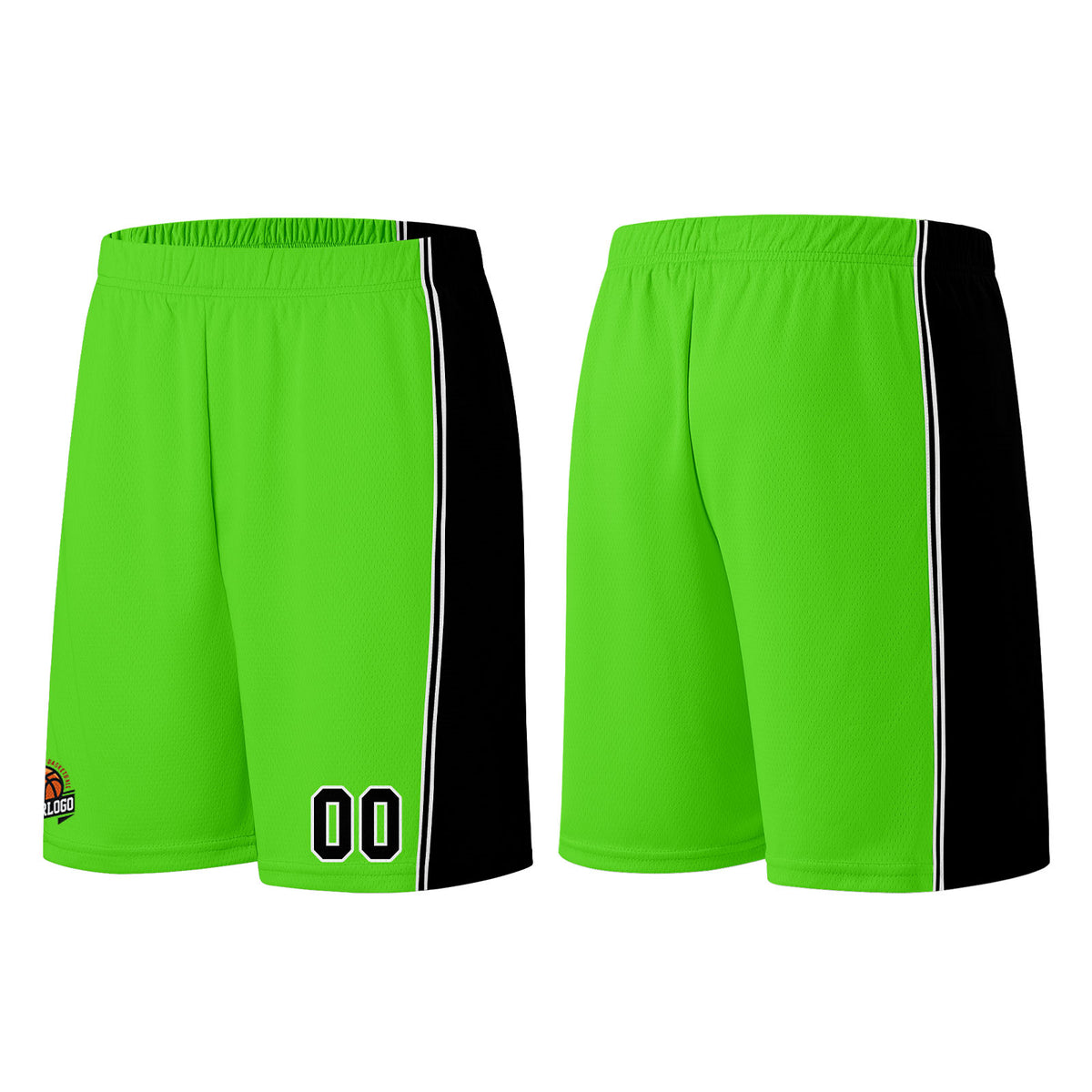 Individuelle Neongrün-Schwarz Basketball Jersey Shorts für Männer und Frauen Gestickter und gedruckter Name, Nummer und Logo