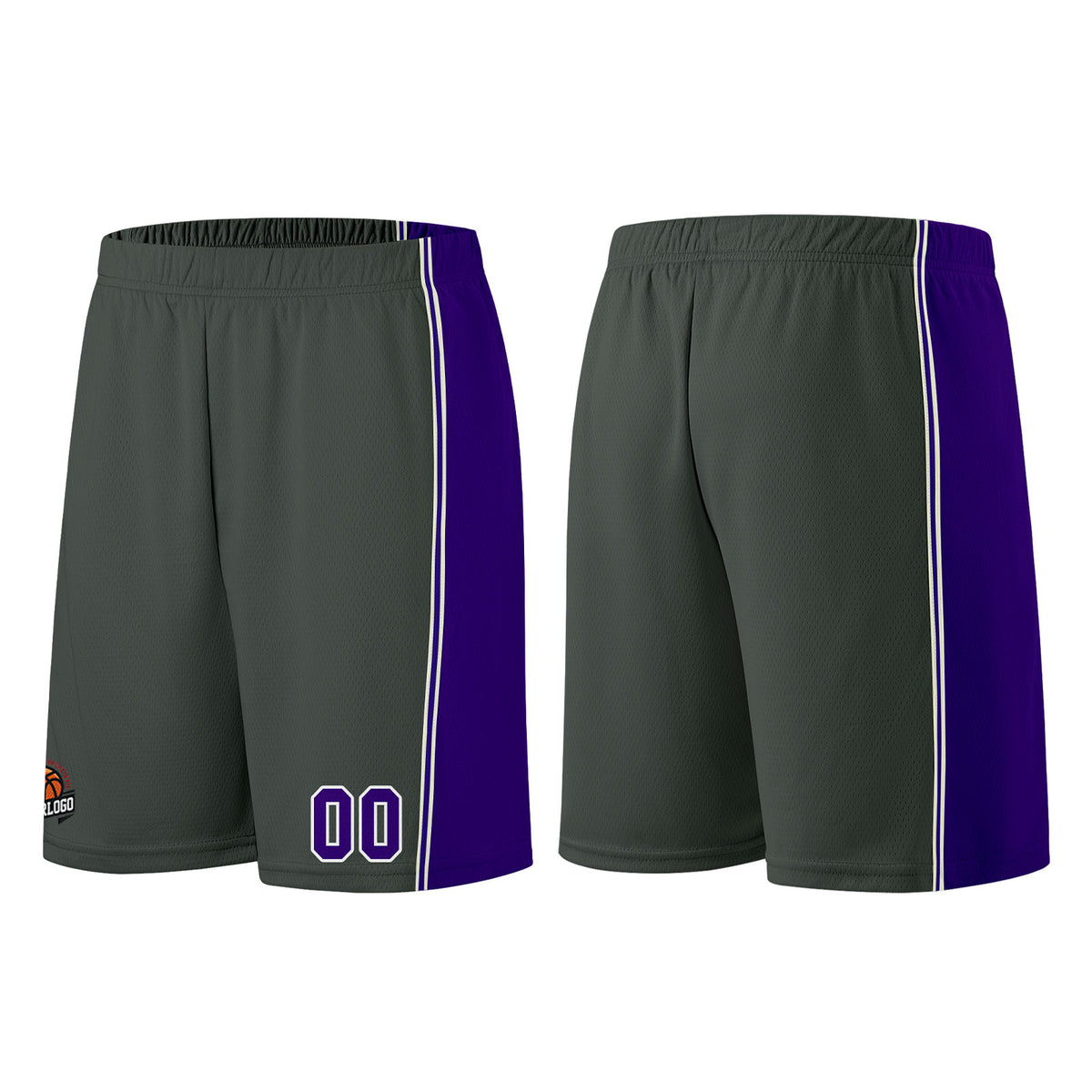 Individuelle Dunkelgrau-Lila Basketball Jersey Shorts für Männer und Frauen Gestickter und gedruckter Name, Nummer und Logo