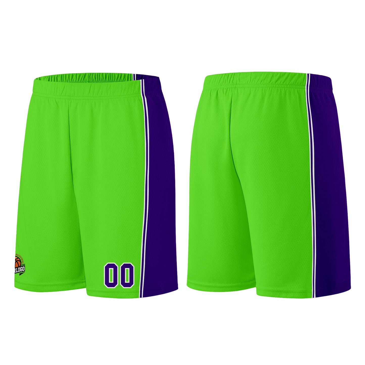 Individuelle Neongrün-Lila Basketball Jersey Shorts für Männer und Frauen Gestickter und gedruckter Name, Nummer und Logo