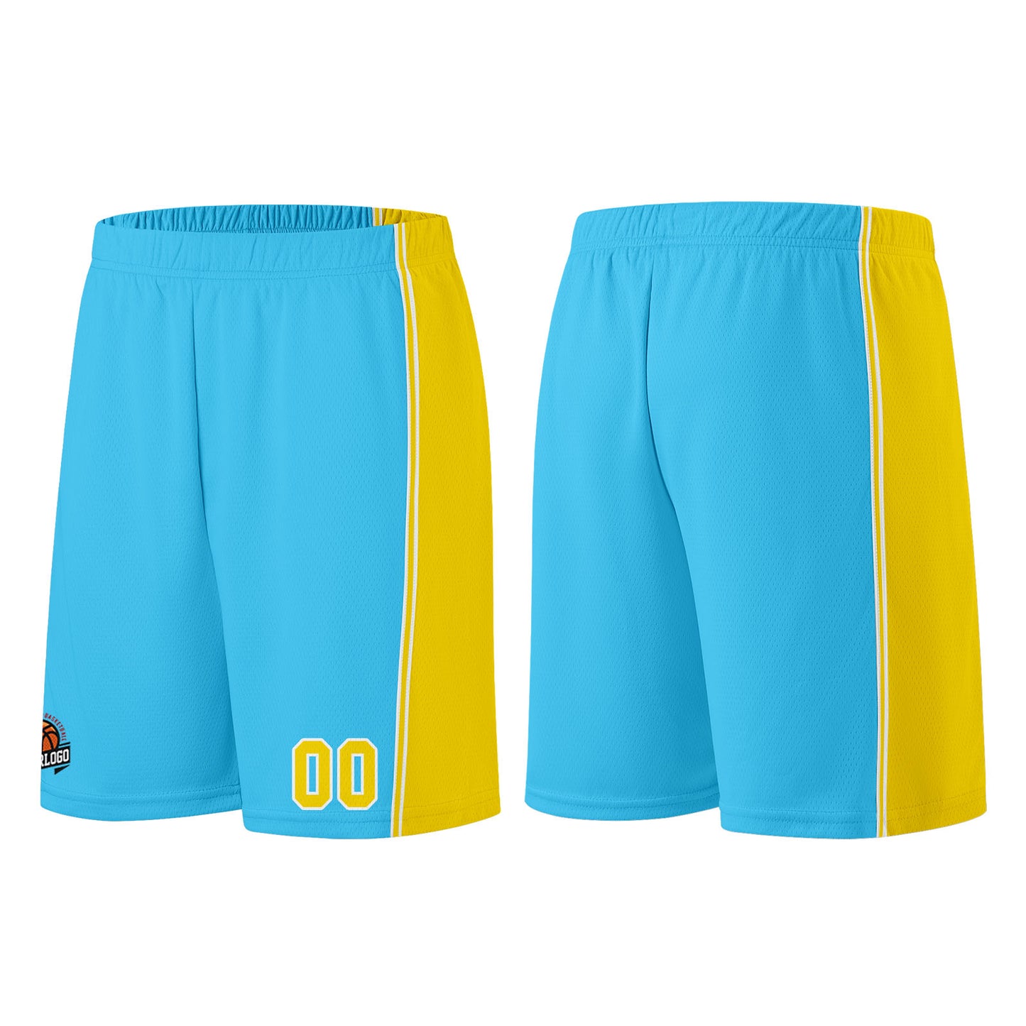 Individuelle Hellblau Gelb Basketball Jersey Shorts für Männer und Frauen Gestickter und gedruckter Name, Nummer und Logo