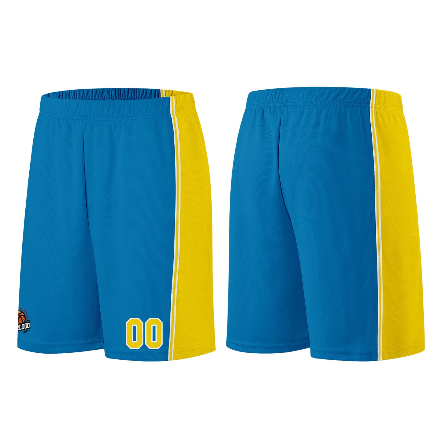 Individuelle Blau-Gelb Basketball Jersey Shorts für Männer und Frauen Gestickter und gedruckter Name, Nummer und Logo