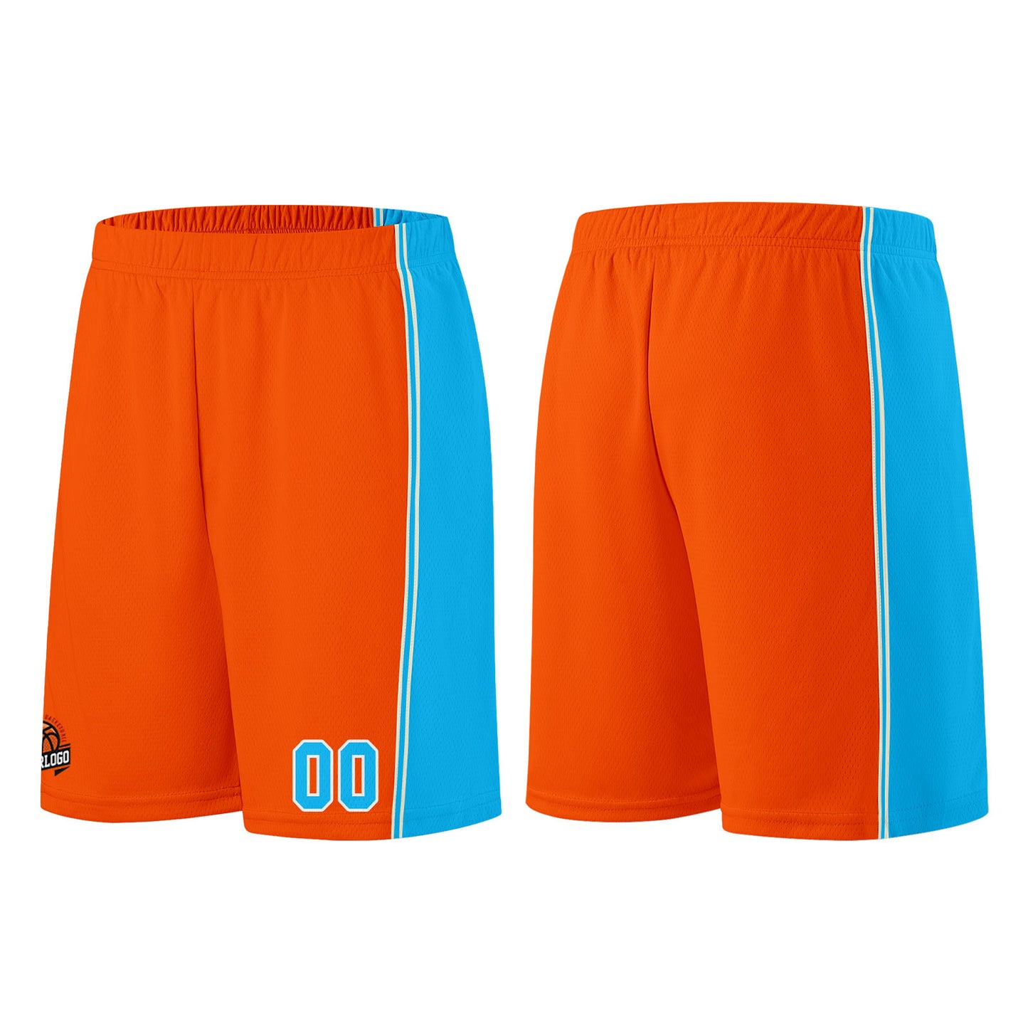 Individuelle Orange-Hellblau Basketball Jersey Shorts für Männer und Frauen Gestickter und gedruckter Name, Nummer und Logo