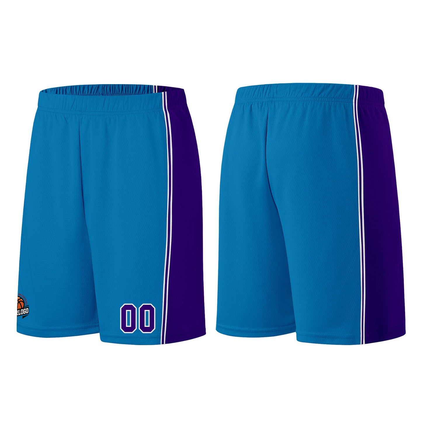 Individuelle Blau-Lila Basketball Jersey Shorts für Männer und Frauen Gestickter und gedruckter Name, Nummer und Logo