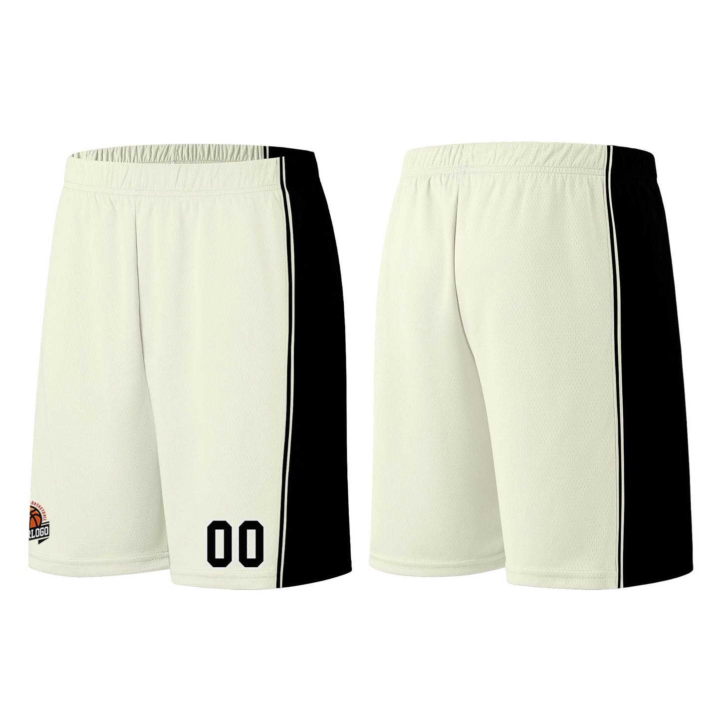 Individuelle Creme-Schwarz Basketball Jersey Shorts für Männer und Frauen Gestickter und gedruckter Name, Nummer und Logo