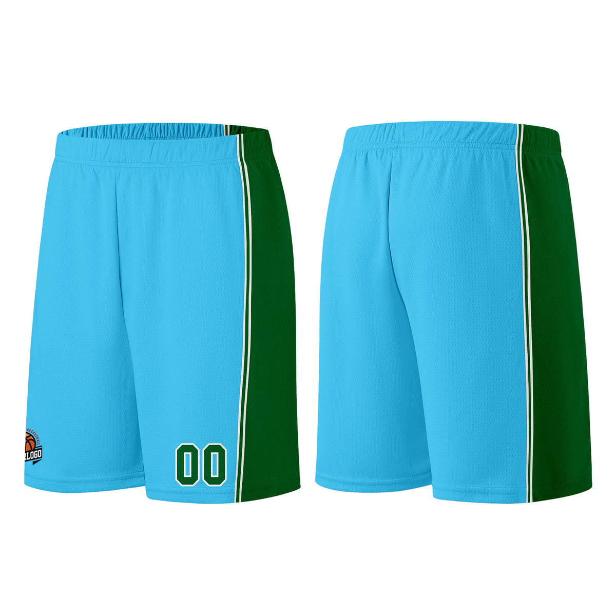 Individuelle Hellblau Grün Basketball Jersey Shorts für Männer und Frauen Gestickter und gedruckter Name, Nummer und Logo