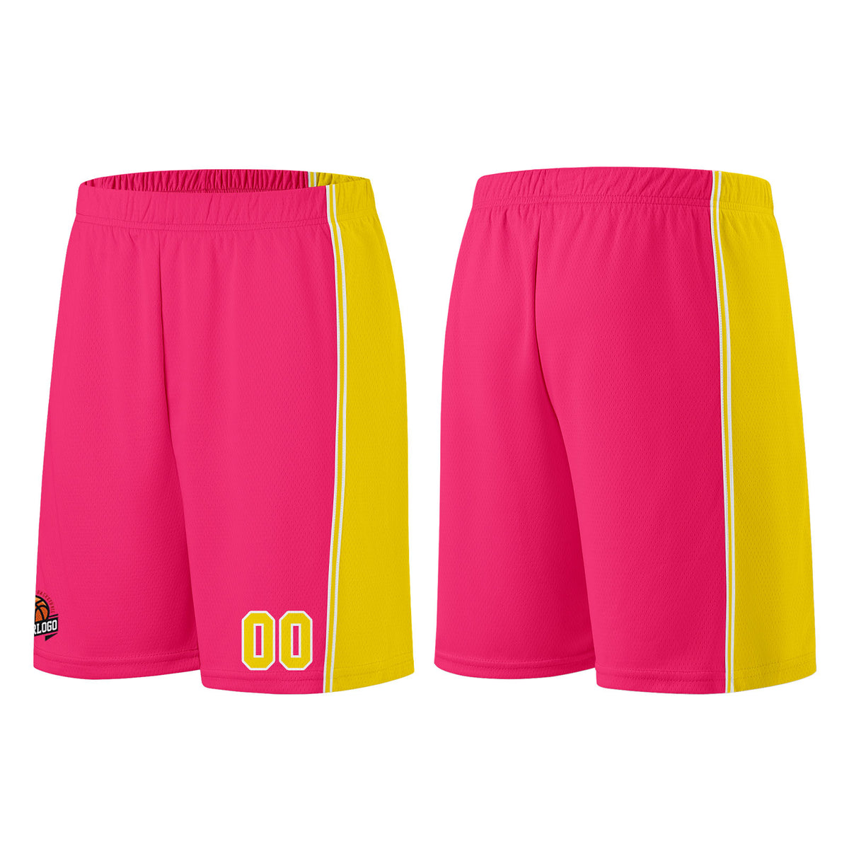 Individuelle Rosa-Gelb Basketball Jersey Shorts für Männer und Frauen Gestickter und gedruckter Name, Nummer und Logo