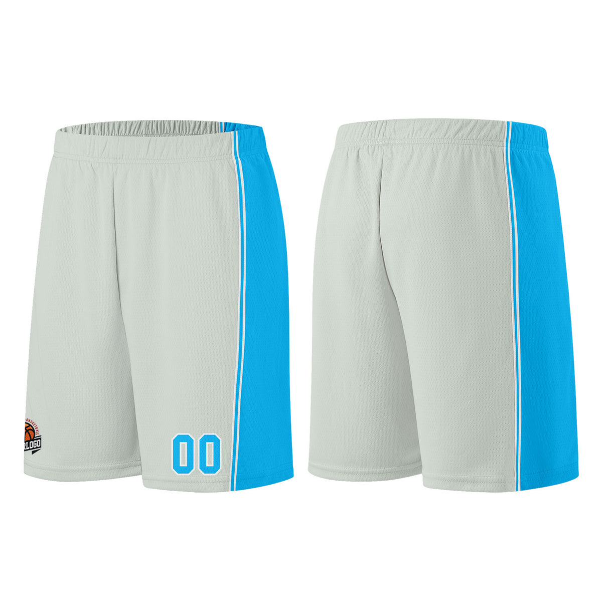 Individuelle Grau-Hellblau Basketball Jersey Shorts für Männer und Frauen Gestickter und gedruckter Name, Nummer und Logo