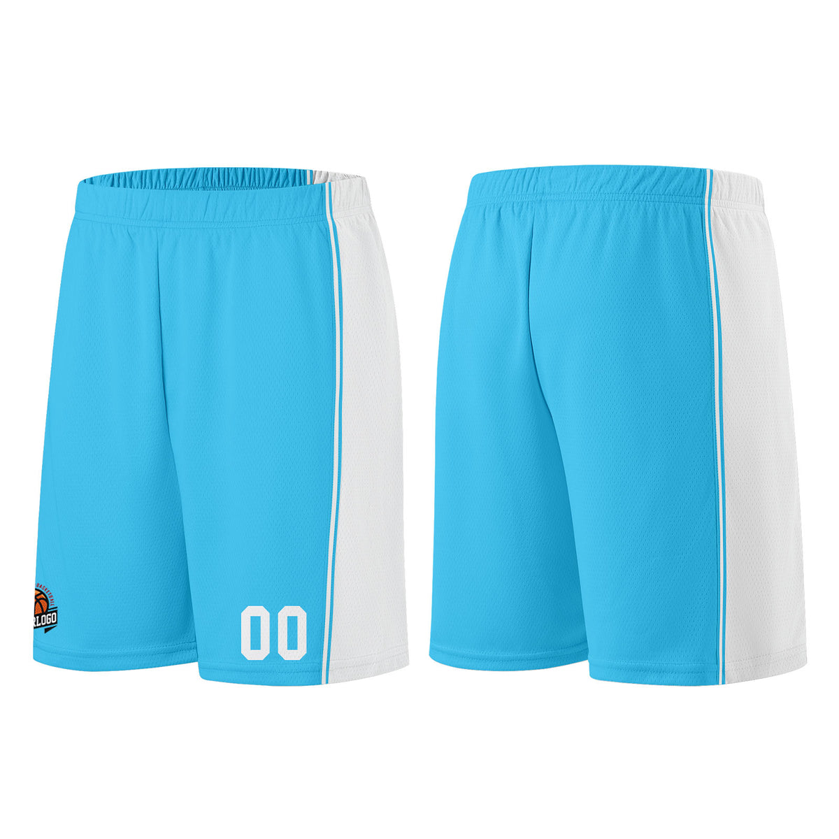 Individuelle Hellblau Weiß Basketball Jersey Shorts für Männer und Frauen Gestickter und gedruckter Name, Nummer und Logo