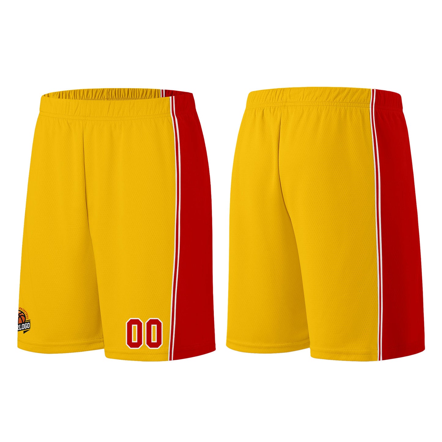 Individuelle Gelb Rot Basketball Jersey Shorts für Männer und Frauen Gestickter und gedruckter Name, Nummer und Logo