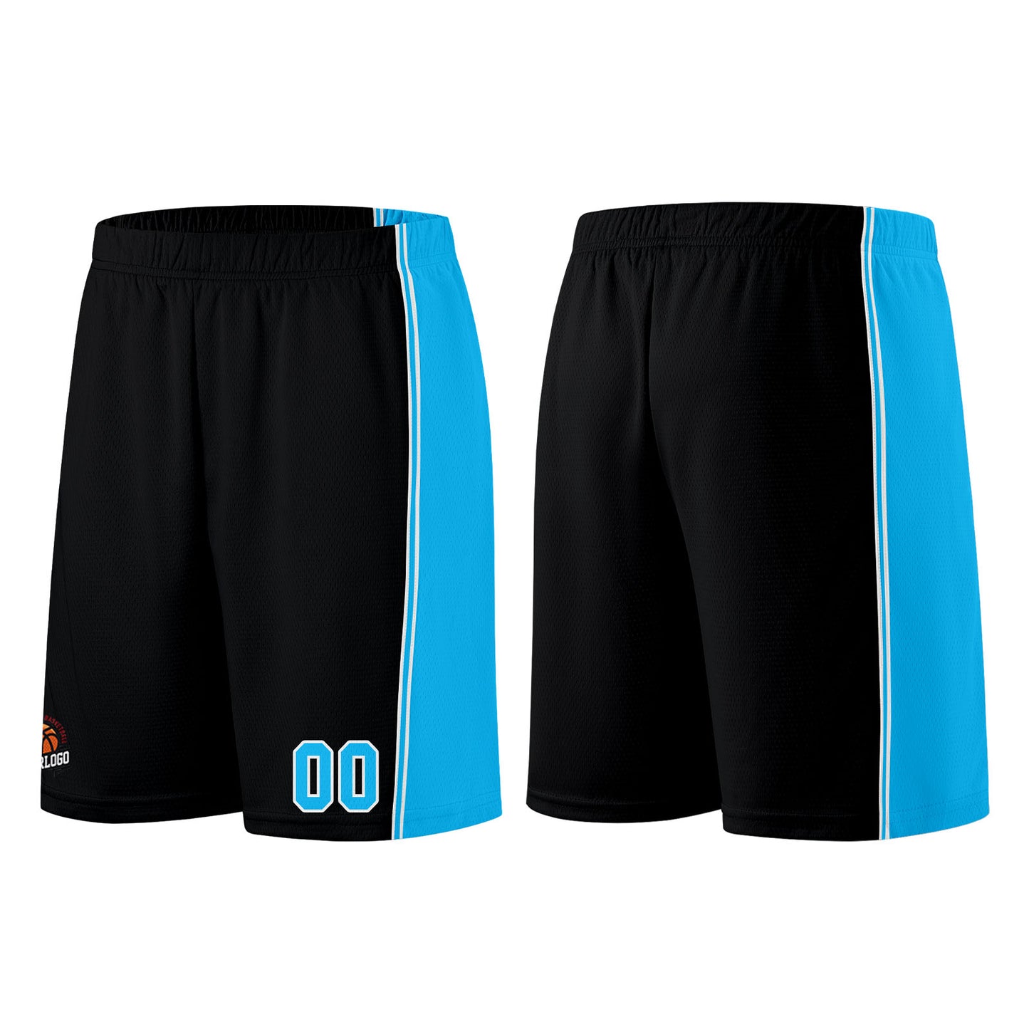 Individuelle Schwarz Hellblau Basketball Jersey Shorts für Männer und Frauen Gestickter und gedruckter Name, Nummer und Logo