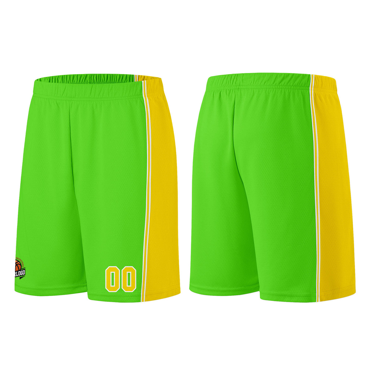 Individuelle Neongrün-Gelb Basketball Jersey Shorts für Männer und Frauen Gestickter und gedruckter Name, Nummer und Logo