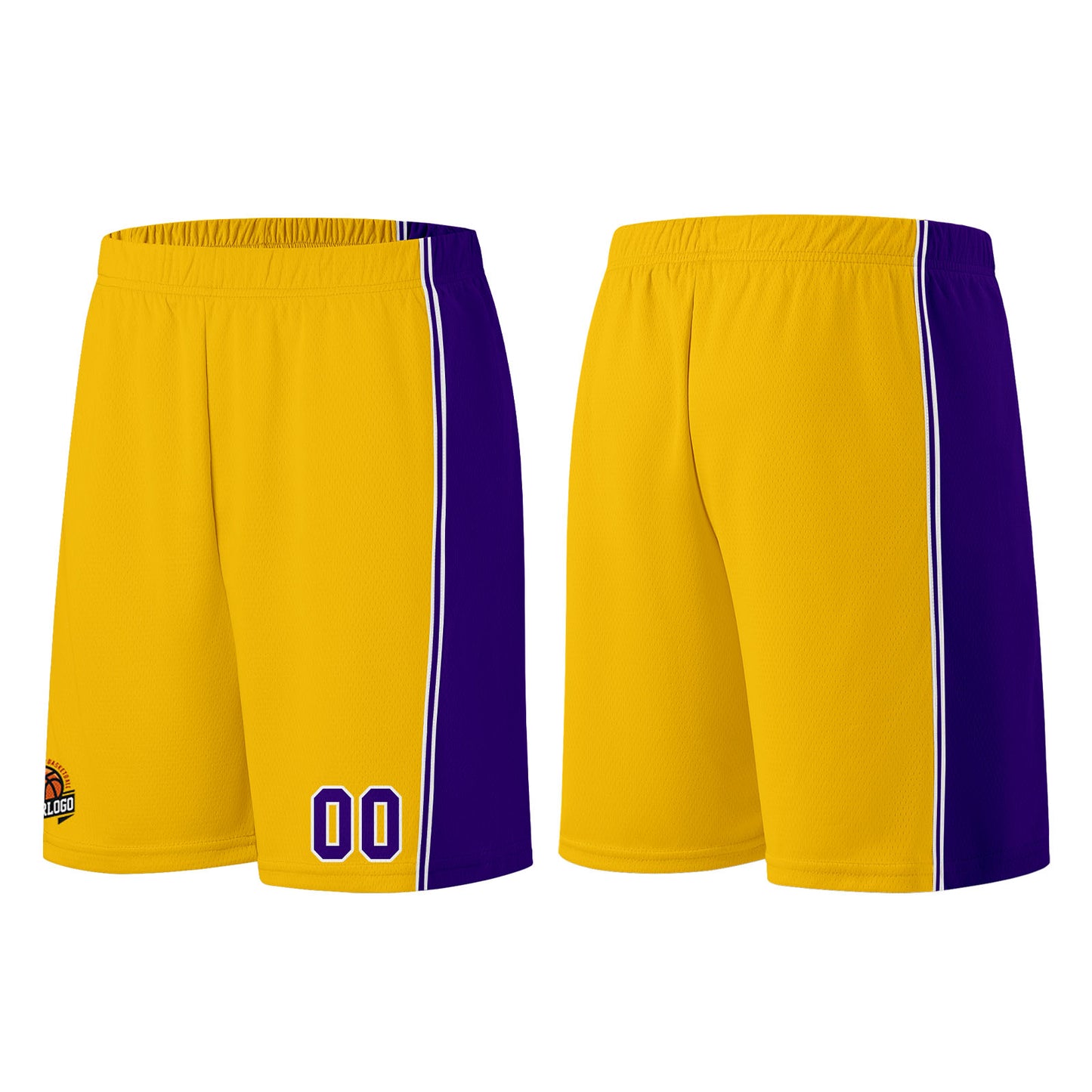 Individuelle Gelb Lila Basketball Jersey Shorts für Männer und Frauen Gestickter und gedruckter Name, Nummer und Logo