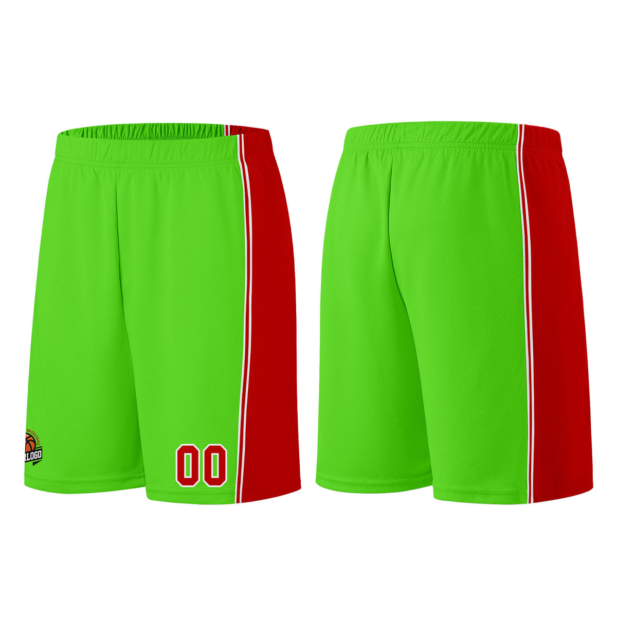 Individuelle Neongrün-Rot Basketball Jersey Shorts für Männer und Frauen Gestickter und gedruckter Name, Nummer und Logo