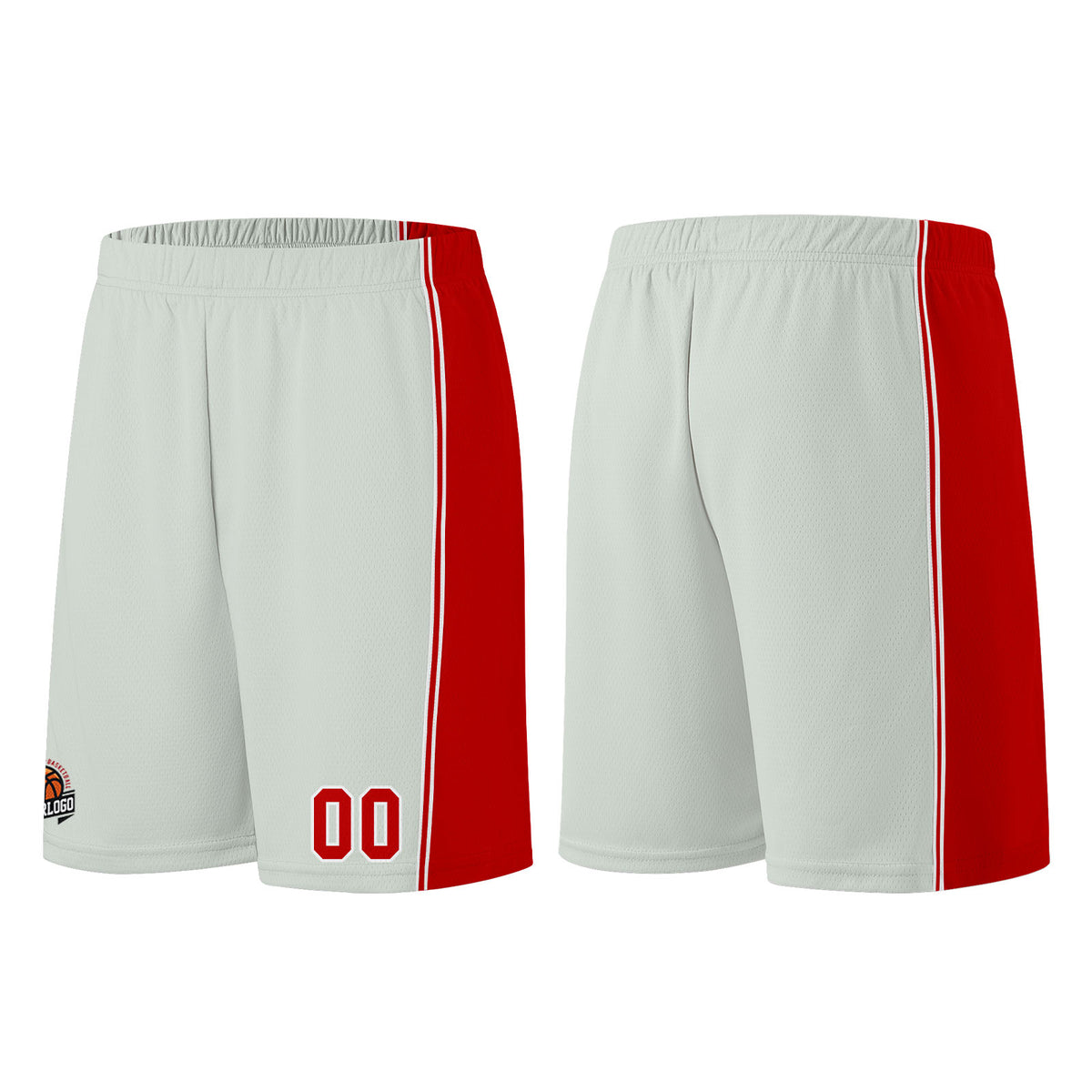 Individuelle Grau-Rot Basketball Jersey Shorts für Männer und Frauen Gestickter und gedruckter Name, Nummer und Logo