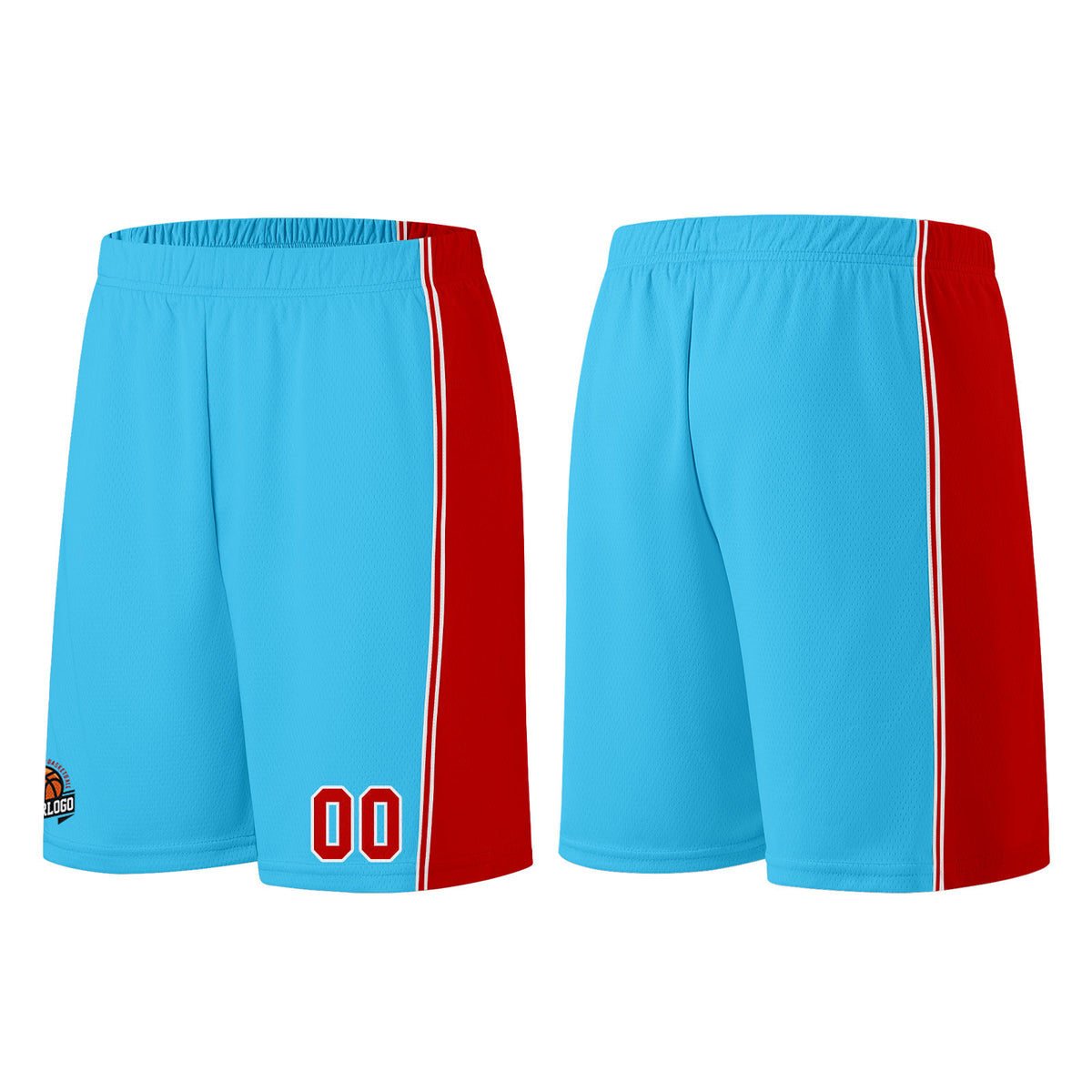 Individuelle Hellblau Rot Basketball Jersey Shorts für Männer und Frauen Gestickter und gedruckter Name, Nummer und Logo