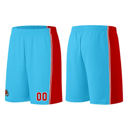 Individuelle Hellblau Rot Basketball Jersey Shorts für Männer und Frauen Gestickter und gedruckter Name, Nummer und Logo