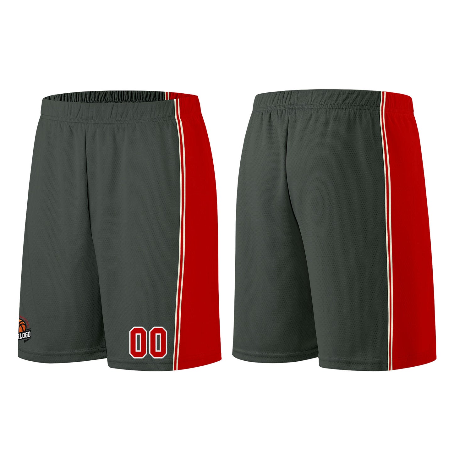 Individuelle Dunkelgrau-Rot Basketball Jersey Shorts für Männer und Frauen Gestickter und gedruckter Name, Nummer und Logo