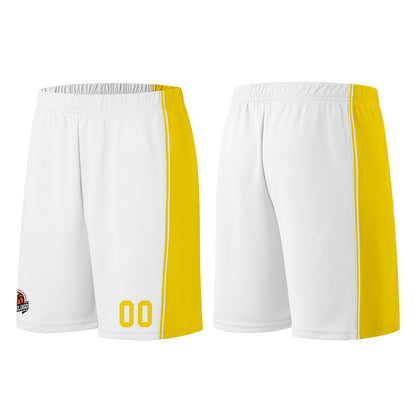 Individuelle Weiß-Gelb Basketball Jersey Shorts für Männer und Frauen Gestickter und gedruckter Name, Nummer und Logo
