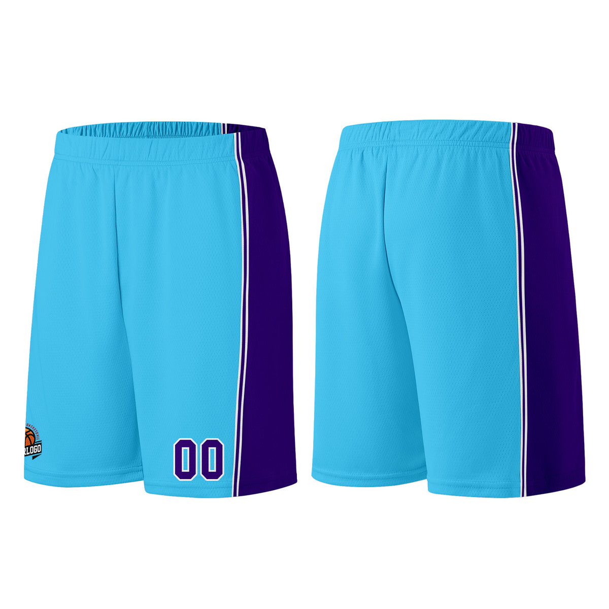 Individuelle Hellblau Lila Basketball Jersey Shorts für Männer und Frauen Gestickter und gedruckter Name, Nummer und Logo