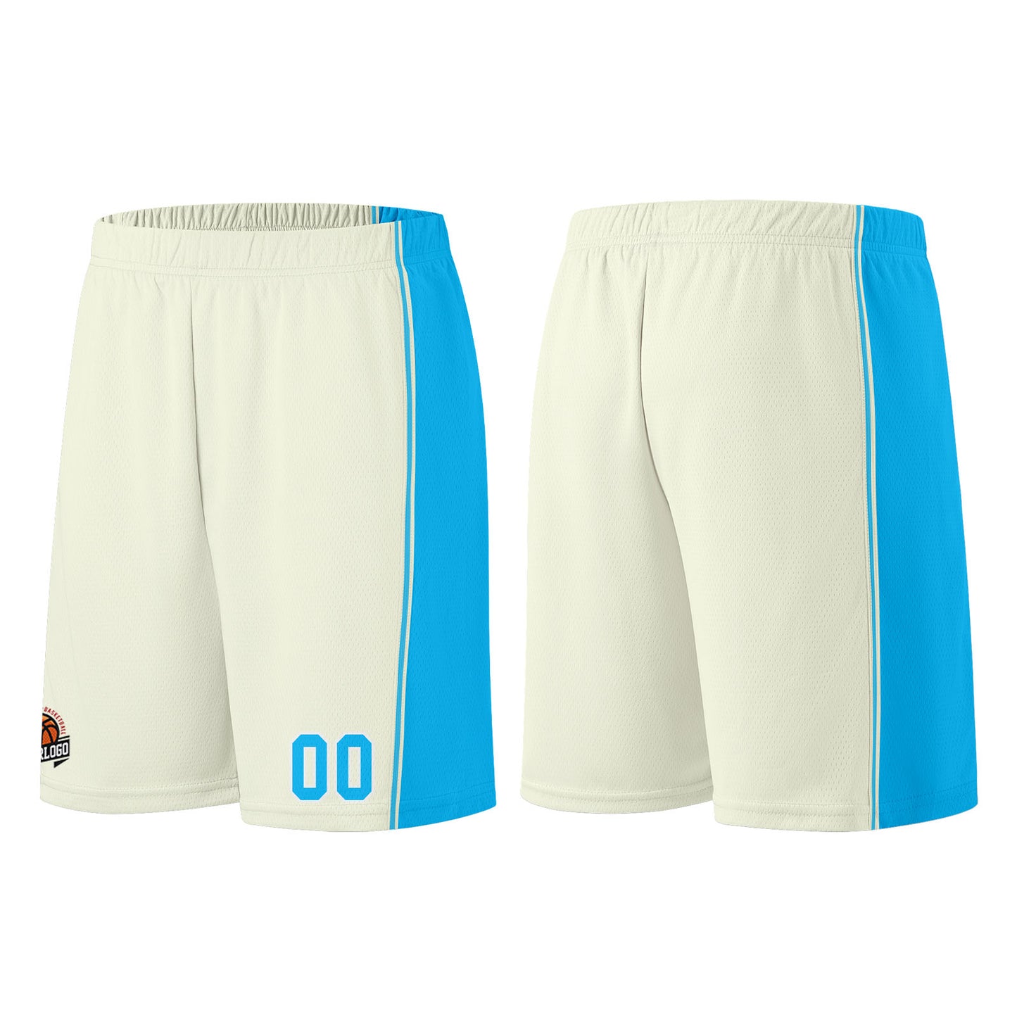 Individuelle Creme-Hellblau Basketball Jersey Shorts für Männer und Frauen Gestickter und gedruckter Name, Nummer und Logo