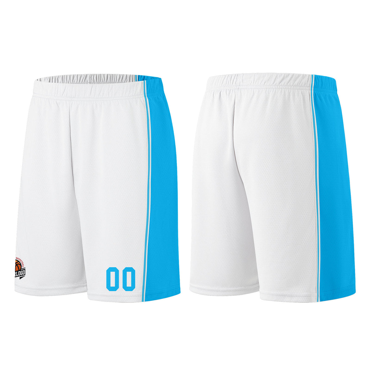Individuelle Weiß-Hellblau Basketball Jersey Shorts für Männer und Frauen Gestickter und gedruckter Name, Nummer und Logo