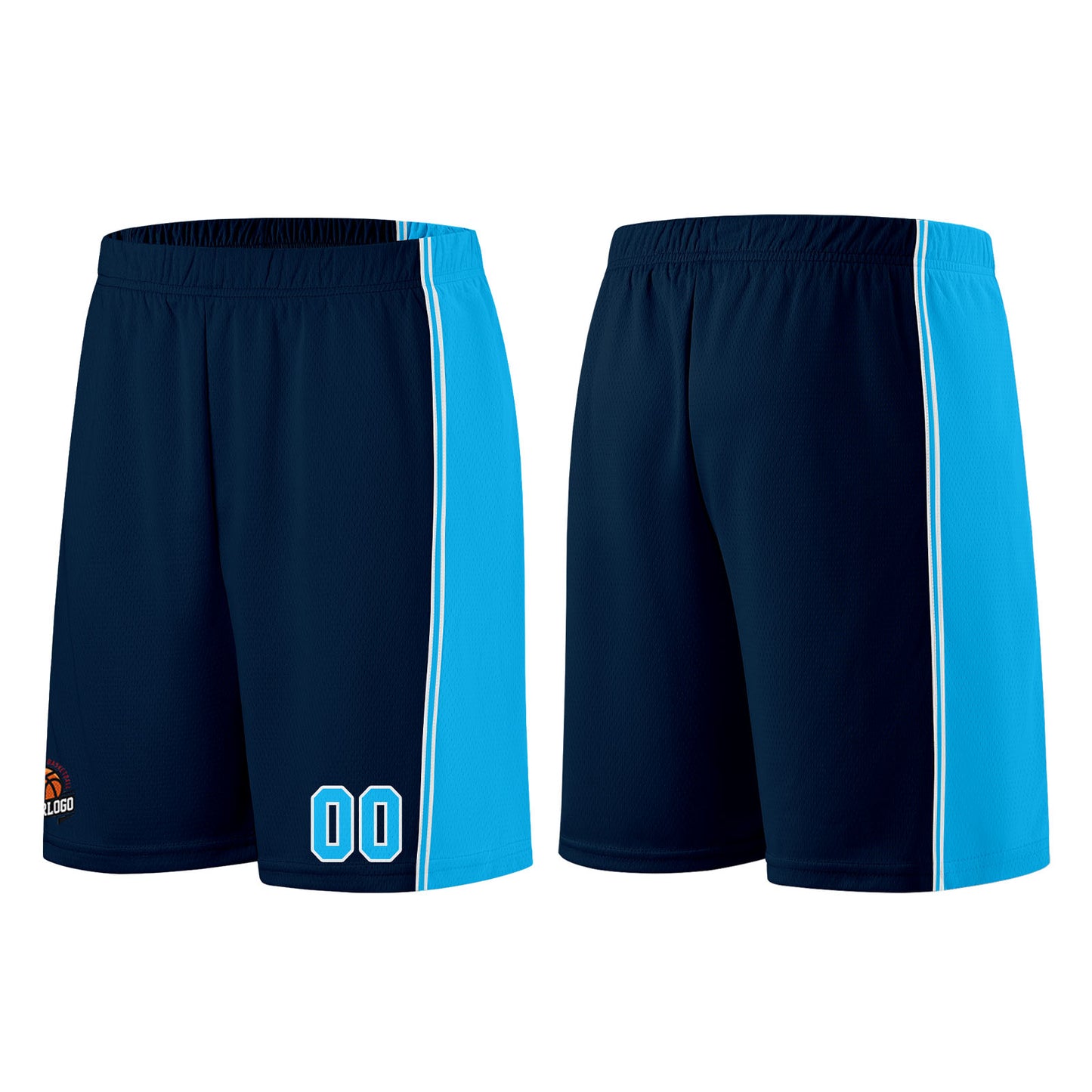 Individuelle Dunkelblau-Hellblau Basketball Jersey Shorts für Männer und Frauen Gestickter und gedruckter Name, Nummer und Logo