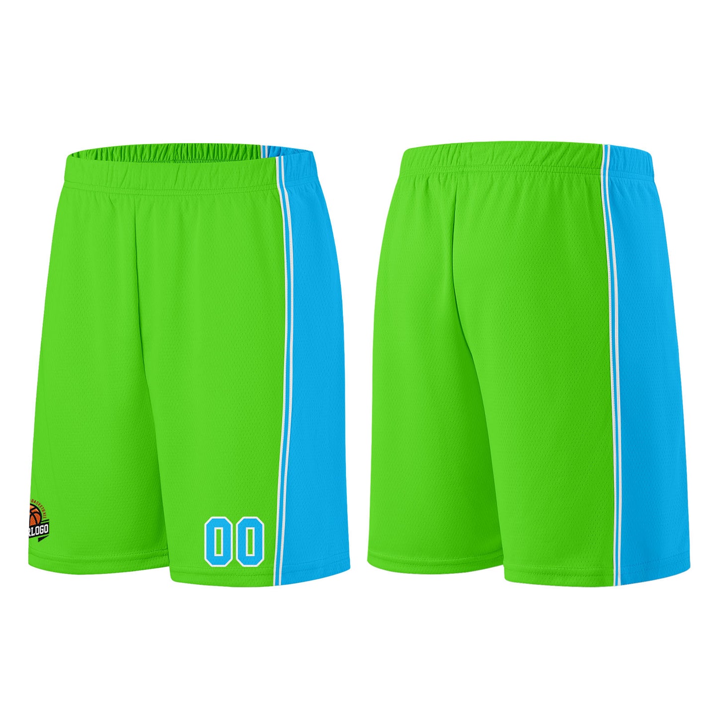 Individuelle Neongrün-Hellblau Basketball Jersey Shorts für Männer und Frauen Gestickter und gedruckter Name, Nummer und Logo