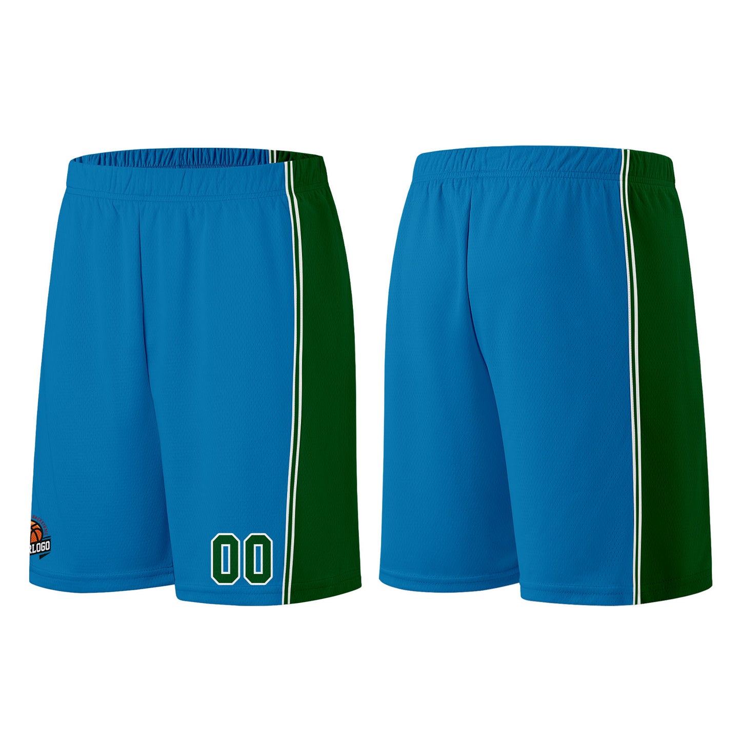 Individuelle Blau-Grün Basketball Jersey Shorts für Männer und Frauen Gestickter und gedruckter Name, Nummer und Logo