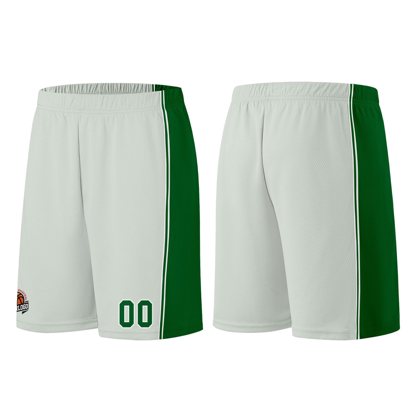 Individuelle Grau-Grün Basketball Jersey Shorts für Männer und Frauen Gestickter und gedruckter Name, Nummer und Logo