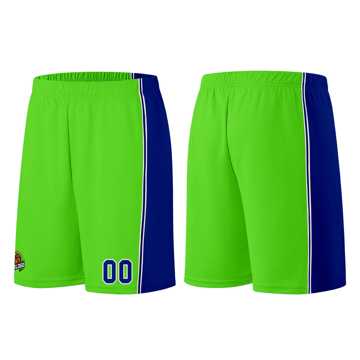 Individuelle Neongrün-Königlich Basketball Jersey Shorts für Männer und Frauen Gestickter und gedruckter Name, Nummer und Logo